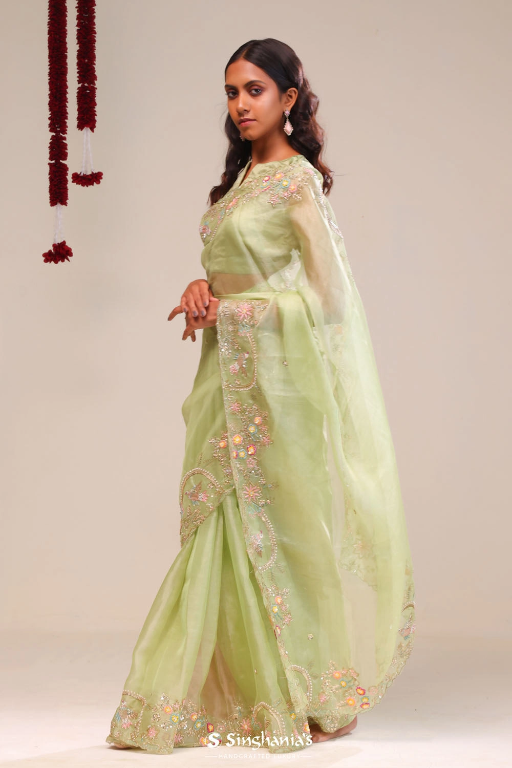 Sage Green Tissue Handcrafted Saree