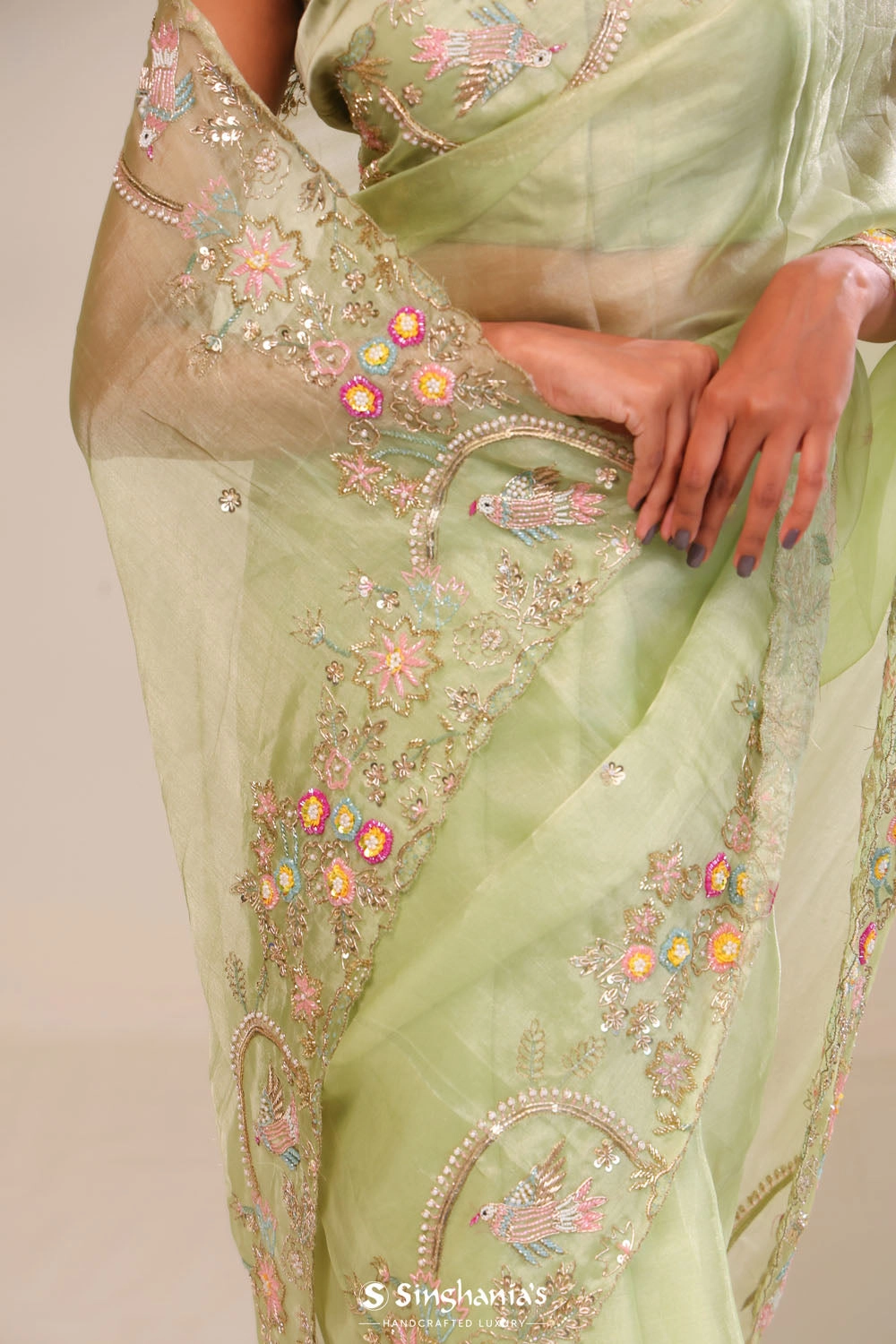 Sage Green Tissue Handcrafted Saree