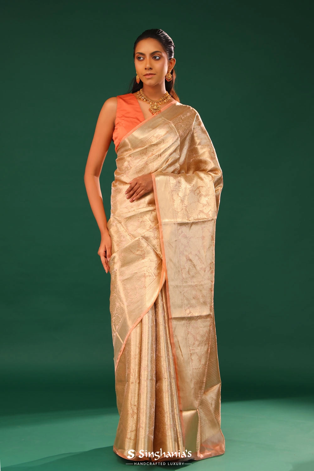 Salmon Gold Jaal Tissue Banarasi Saree