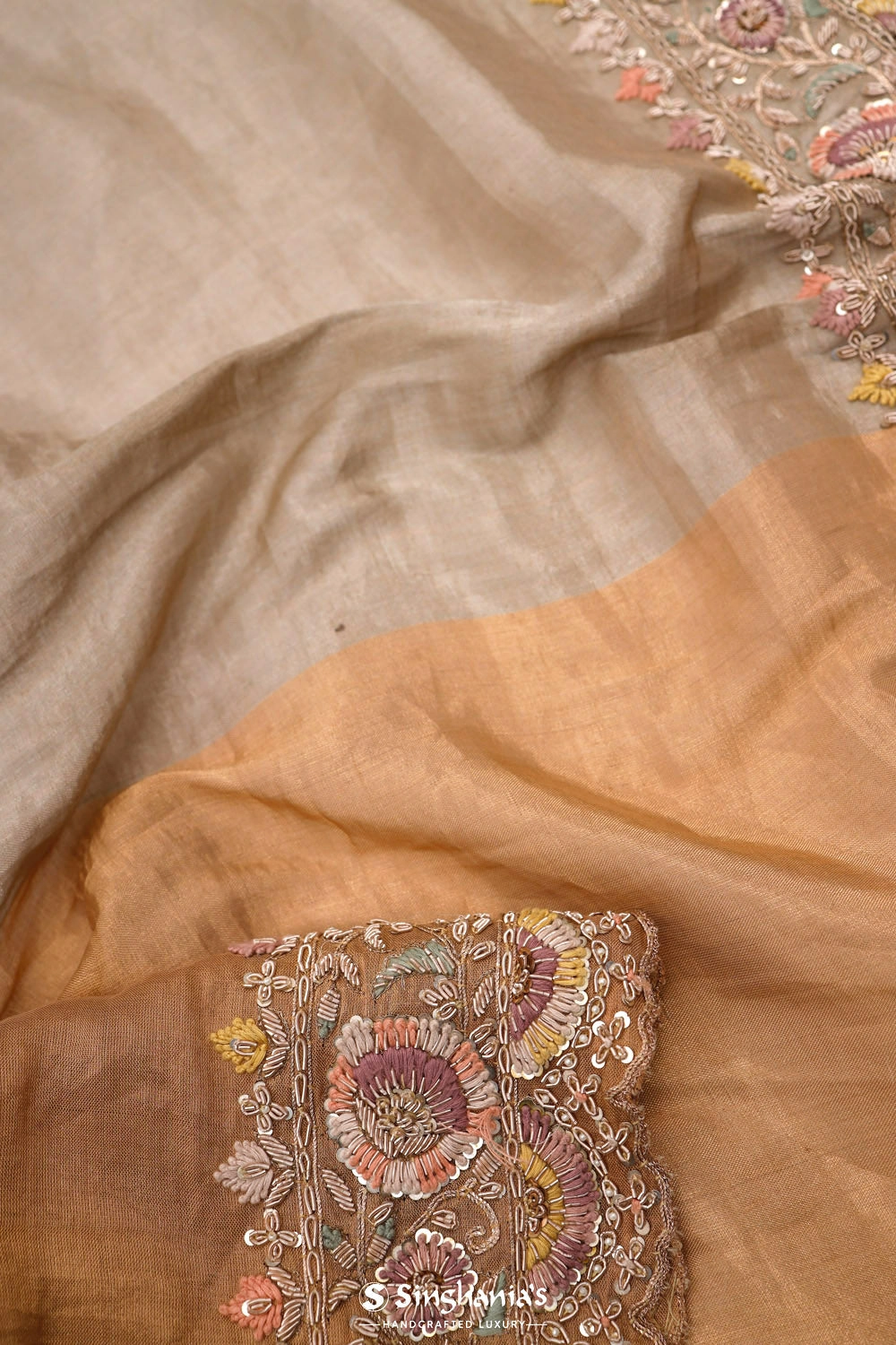 Silver Gold Dual-Colour Tissue Handcrafted Saree