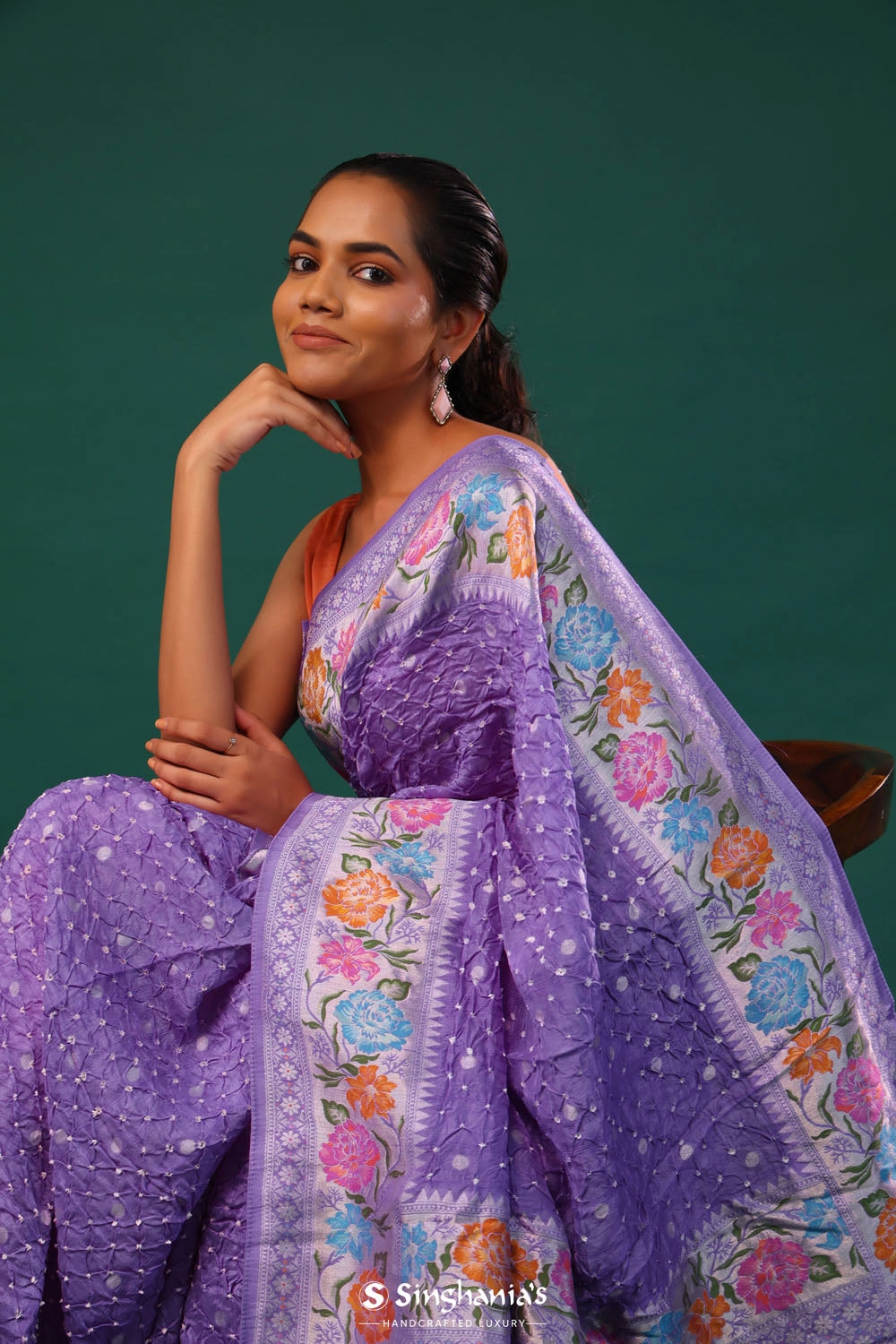 Sovereign Purple Butti Bandhani Silk Saree
