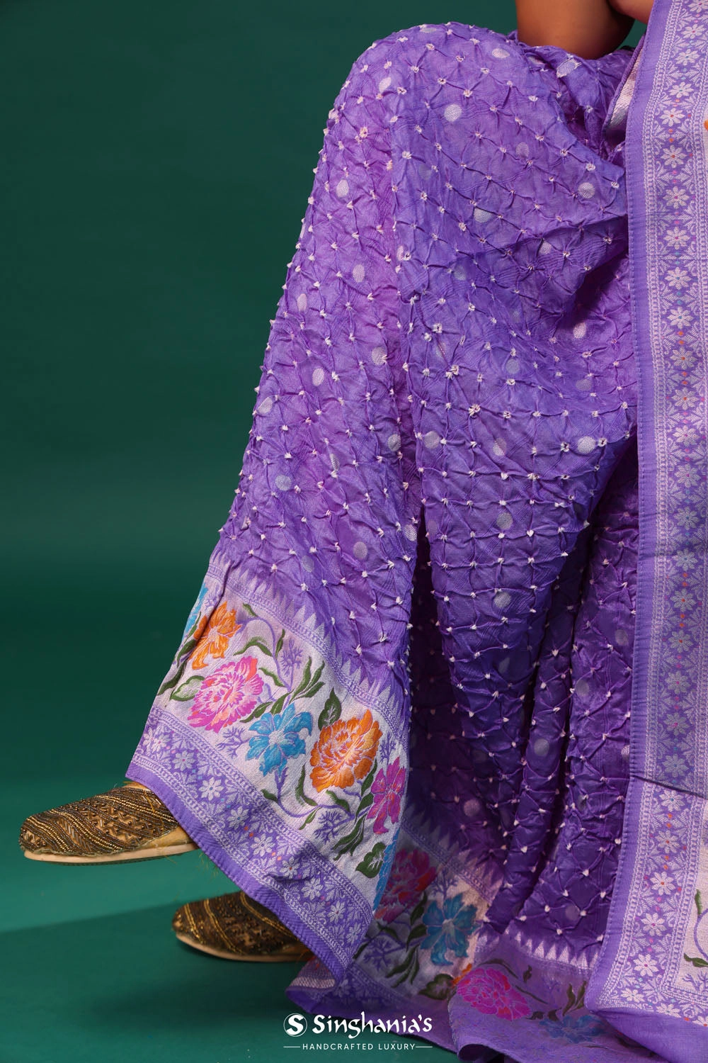 Sovereign Purple Butti Bandhani Silk Saree