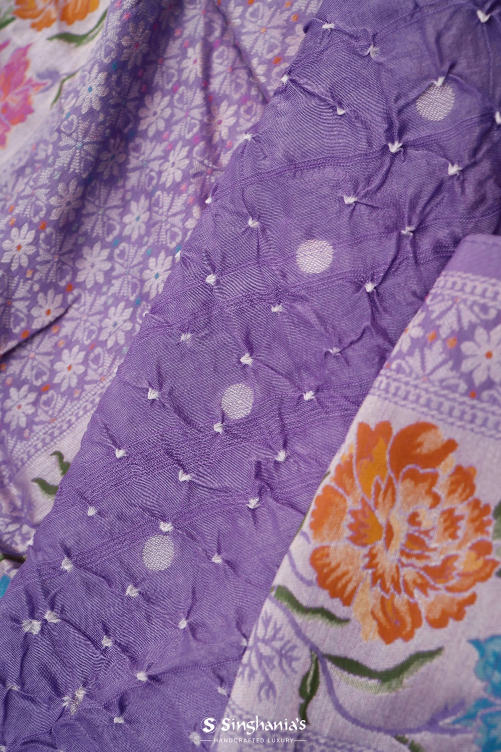 Sovereign Purple Butti Bandhani Silk Saree