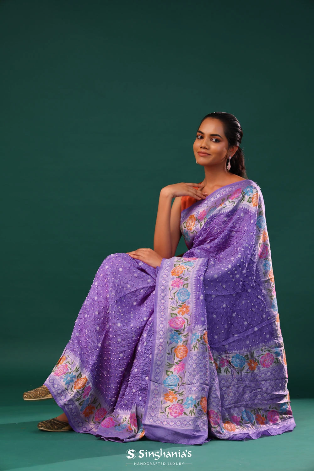 Sovereign Purple Butti Bandhani Silk Saree