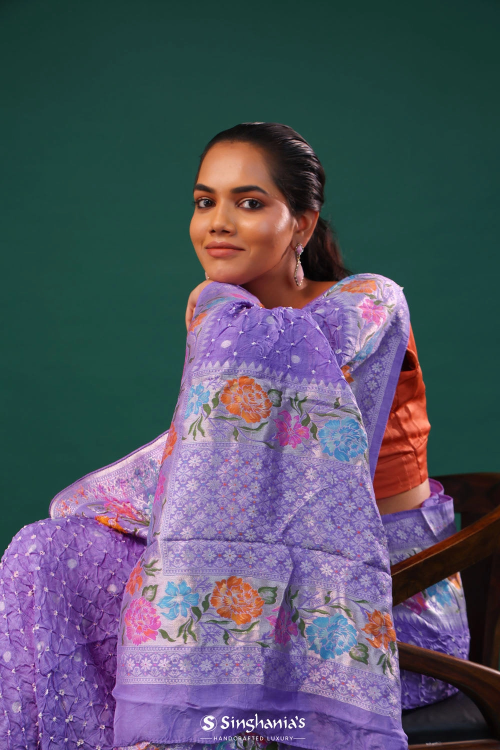 Sovereign Purple Butti Bandhani Silk Saree