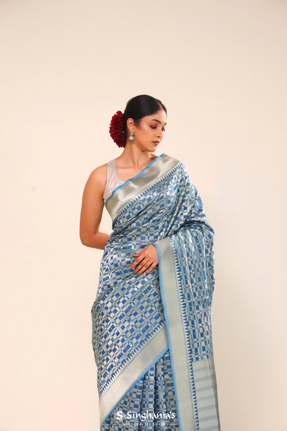 Spanish Blue Chiniya Banarasi Silk Saree