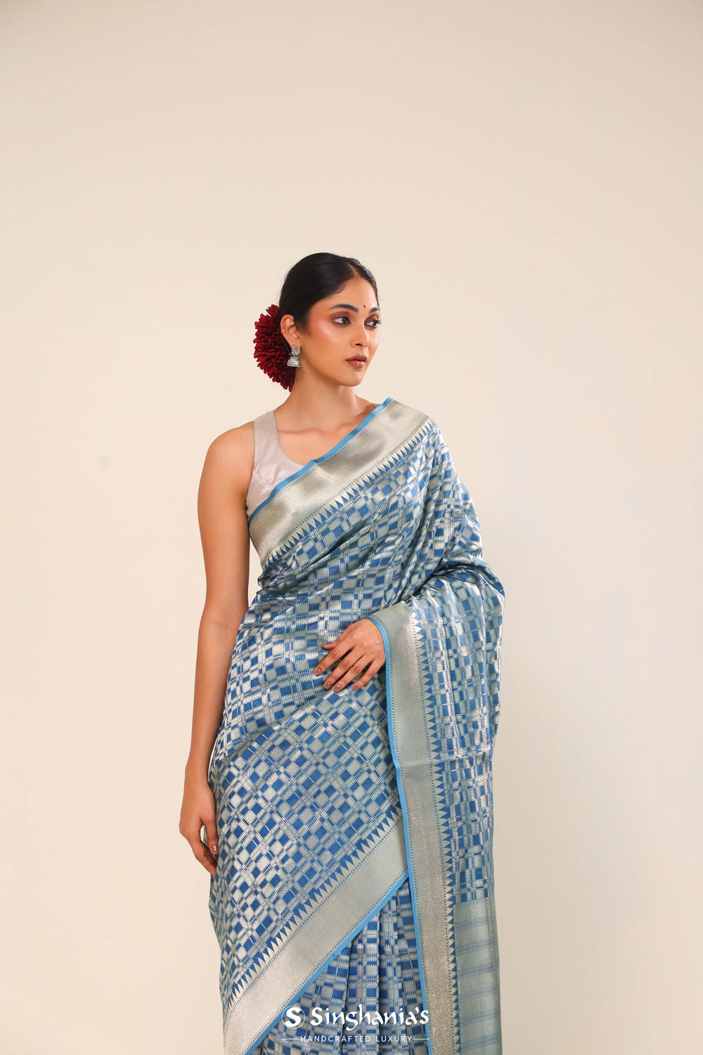 Spanish Blue Chiniya Banarasi Silk Saree