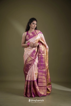 Spanish Pink Kanjivaram Silk Saree With Floarl Jaal