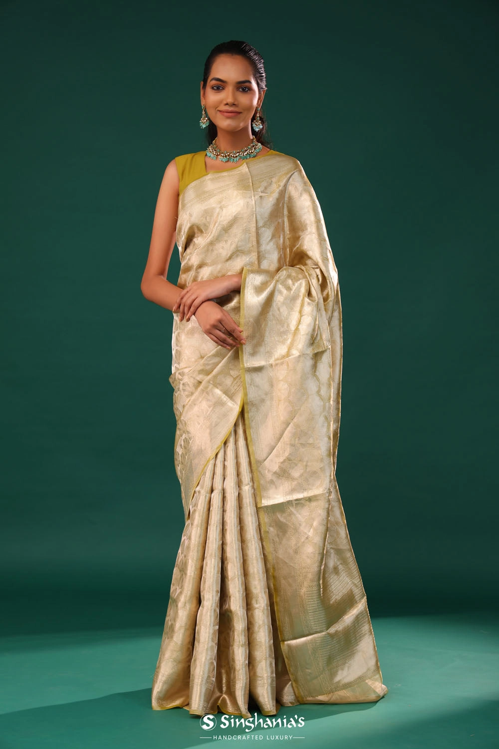 Spinach Green Jaal Tissue Banarasi Saree