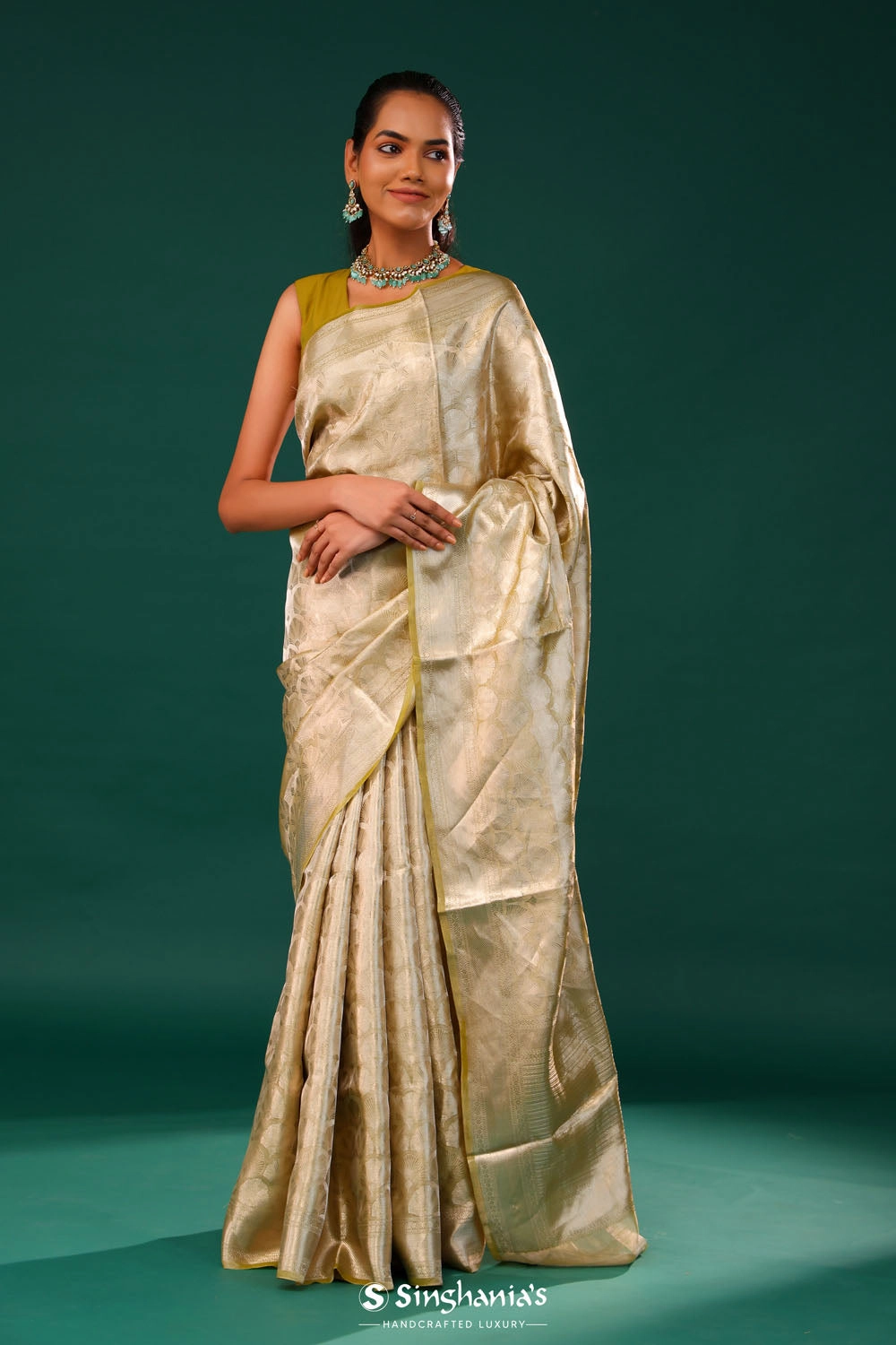 Spinach Green Jaal Tissue Banarasi Saree