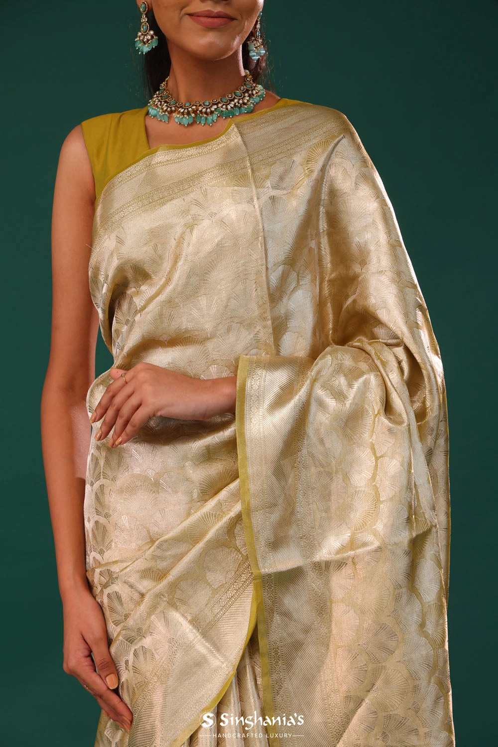 Spinach Green Jaal Tissue Banarasi Saree