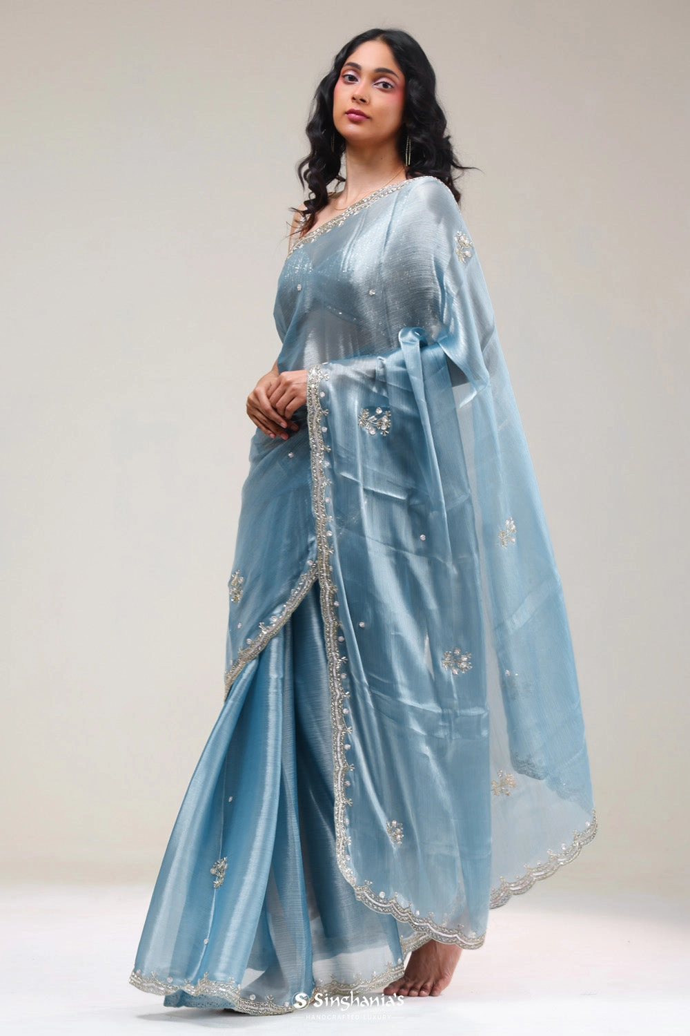 Steel Blue Silk Butti Handcrafted Saree
