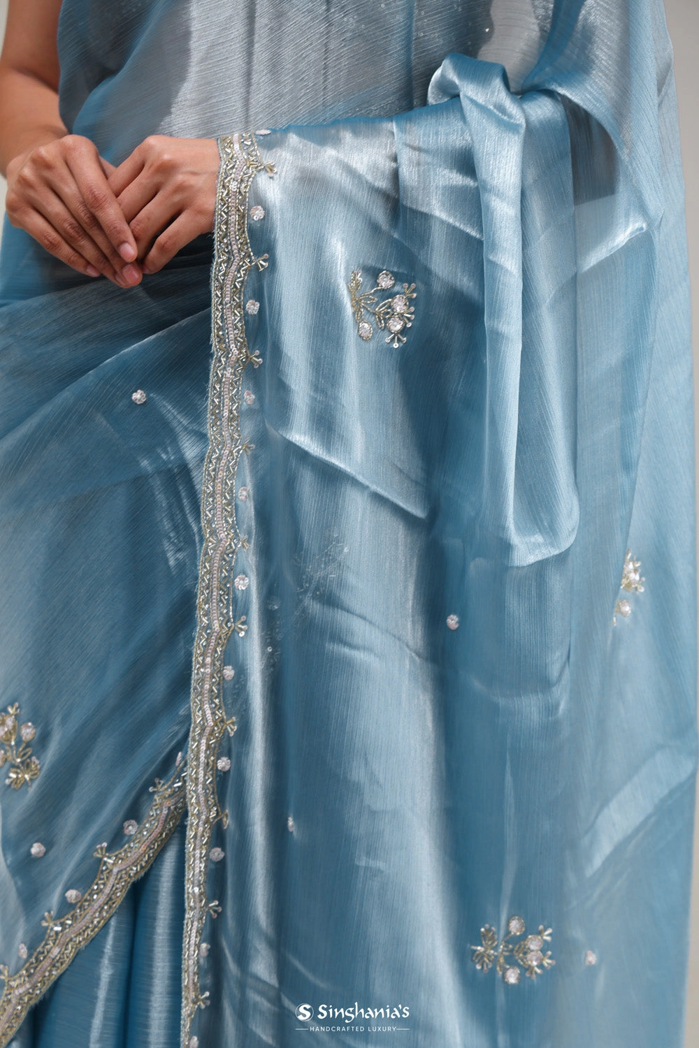 Steel Blue Silk Butti Handcrafted Saree