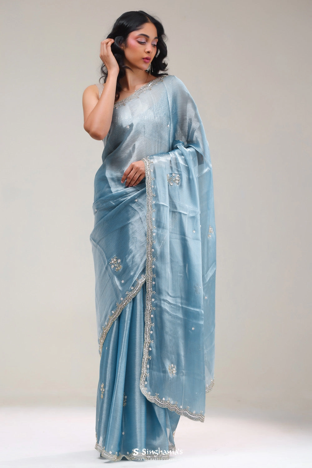 Steel Blue Silk Butti Handcrafted Saree