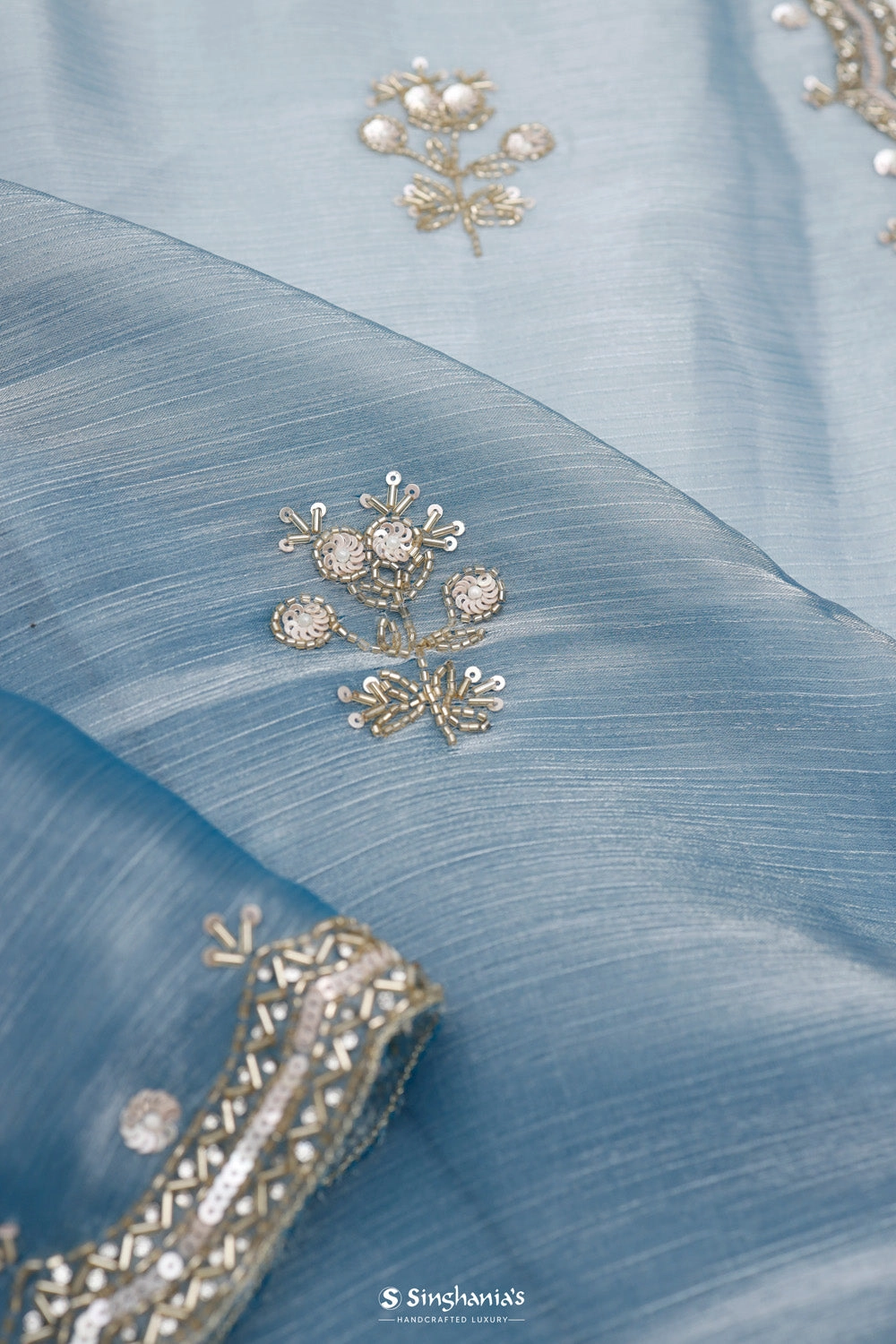 Steel Blue Silk Butti Handcrafted Saree