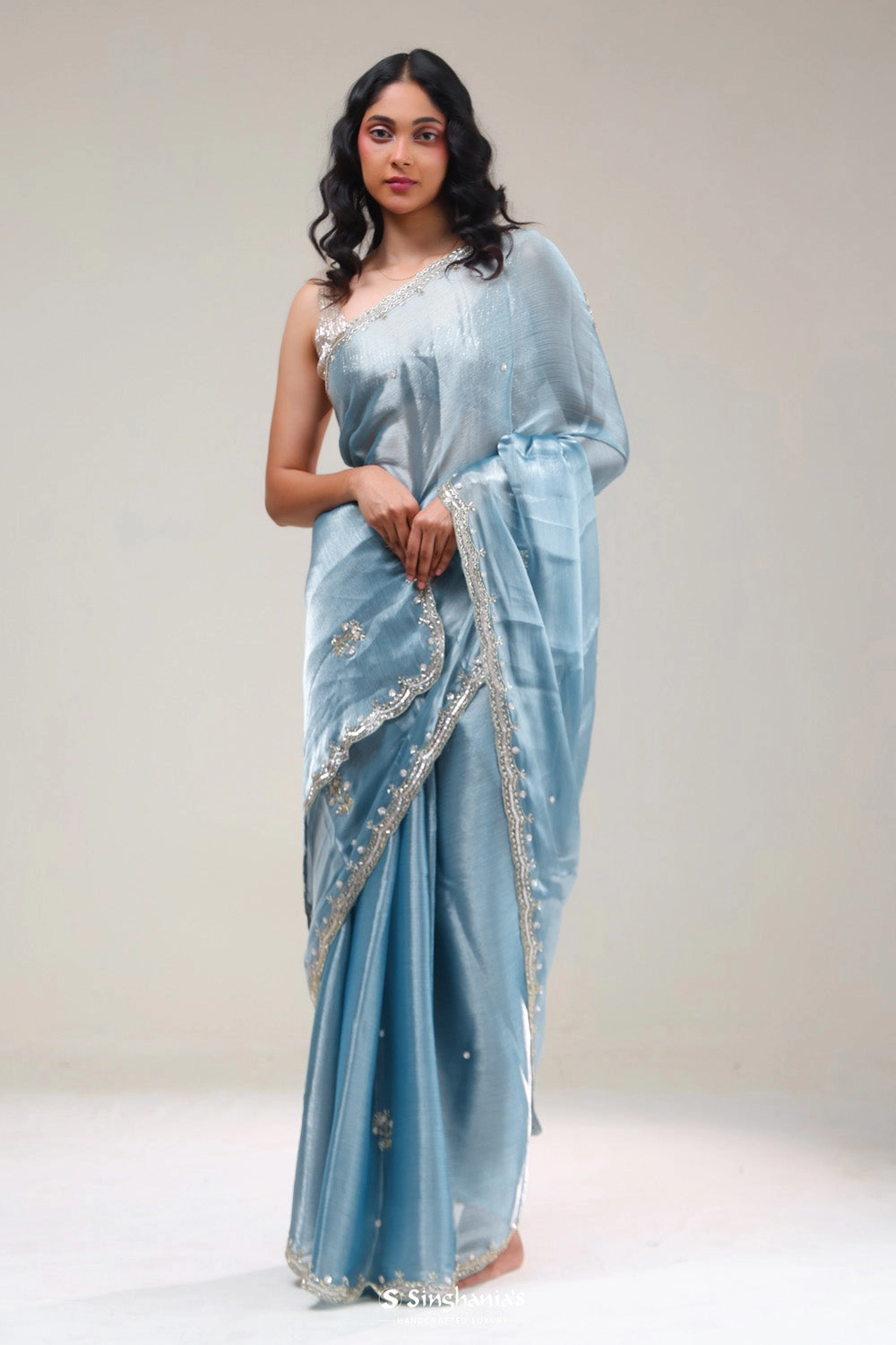 Steel Blue Silk Butti Handcrafted Saree