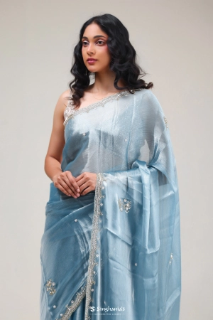 Steel Blue Silk Butti Handcrafted Saree