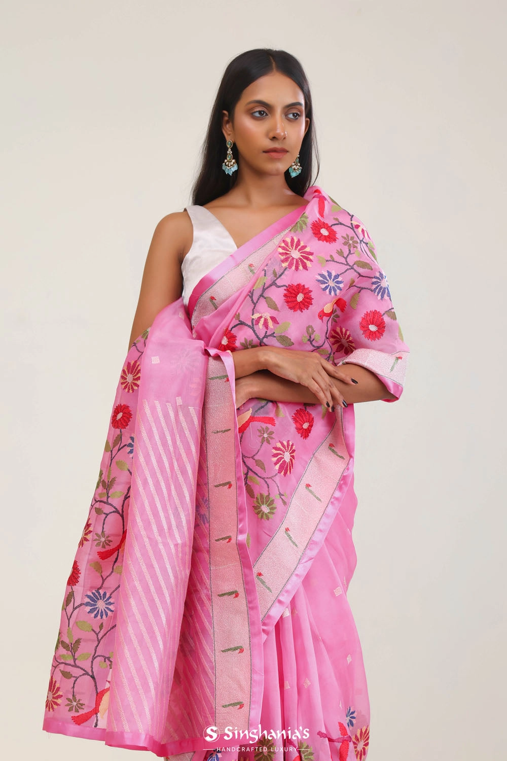 Taffy Pink Designer Organza Saree With Paithani Border