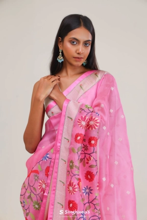 Taffy Pink Designer Organza Saree With Paithani Border