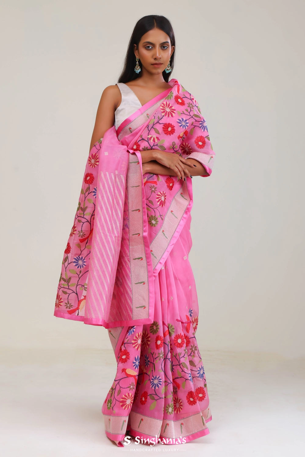 Taffy Pink Designer Organza Saree With Paithani Border