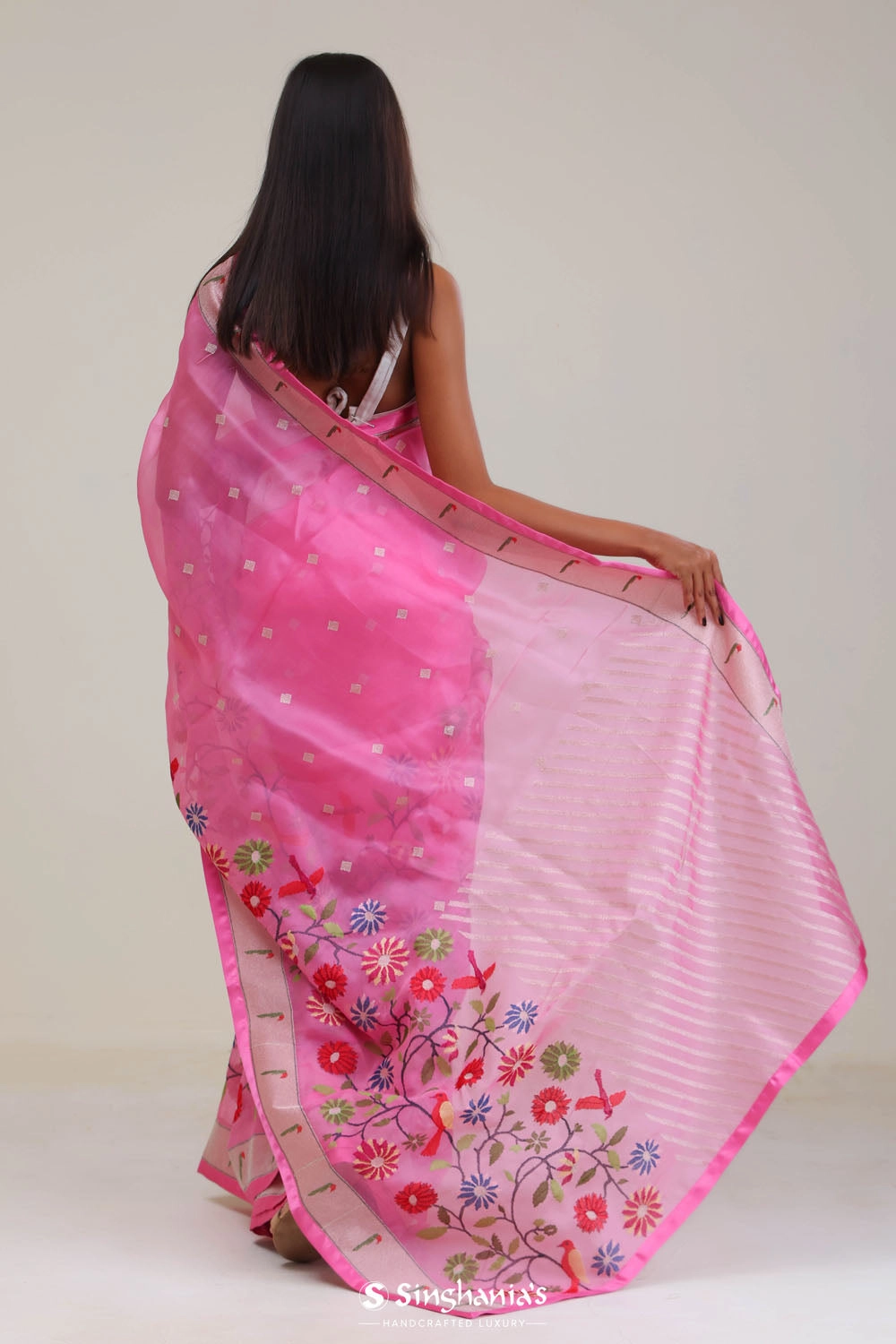 Taffy Pink Designer Organza Saree With Paithani Border