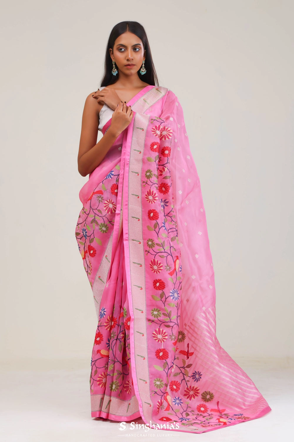 Taffy Pink Designer Organza Saree With Paithani Border