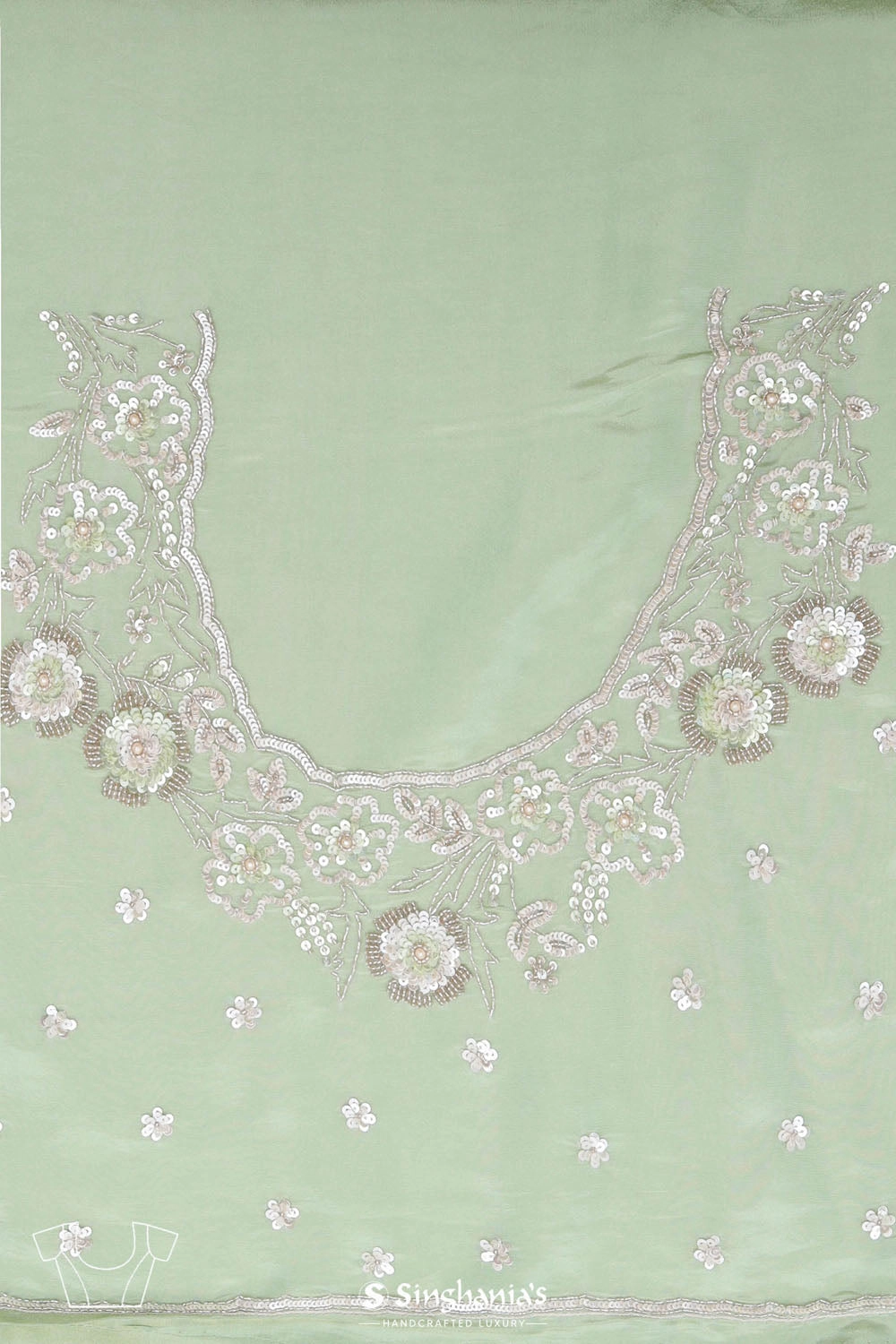 Tea Green Tissue Saree With Embroidery Detail