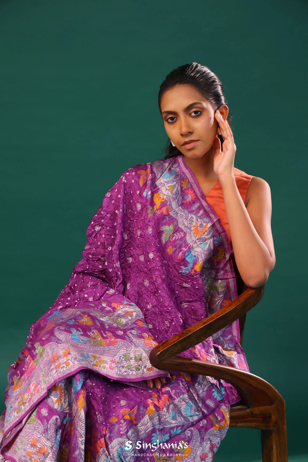 Traditional Purple Butti Bandhani Silk Saree