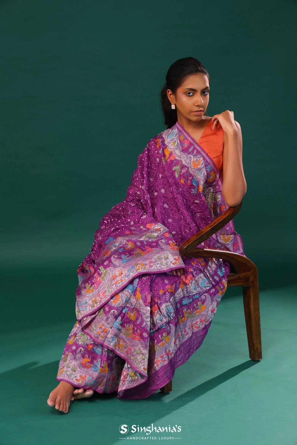 Traditional Purple Butti Bandhani Silk Saree