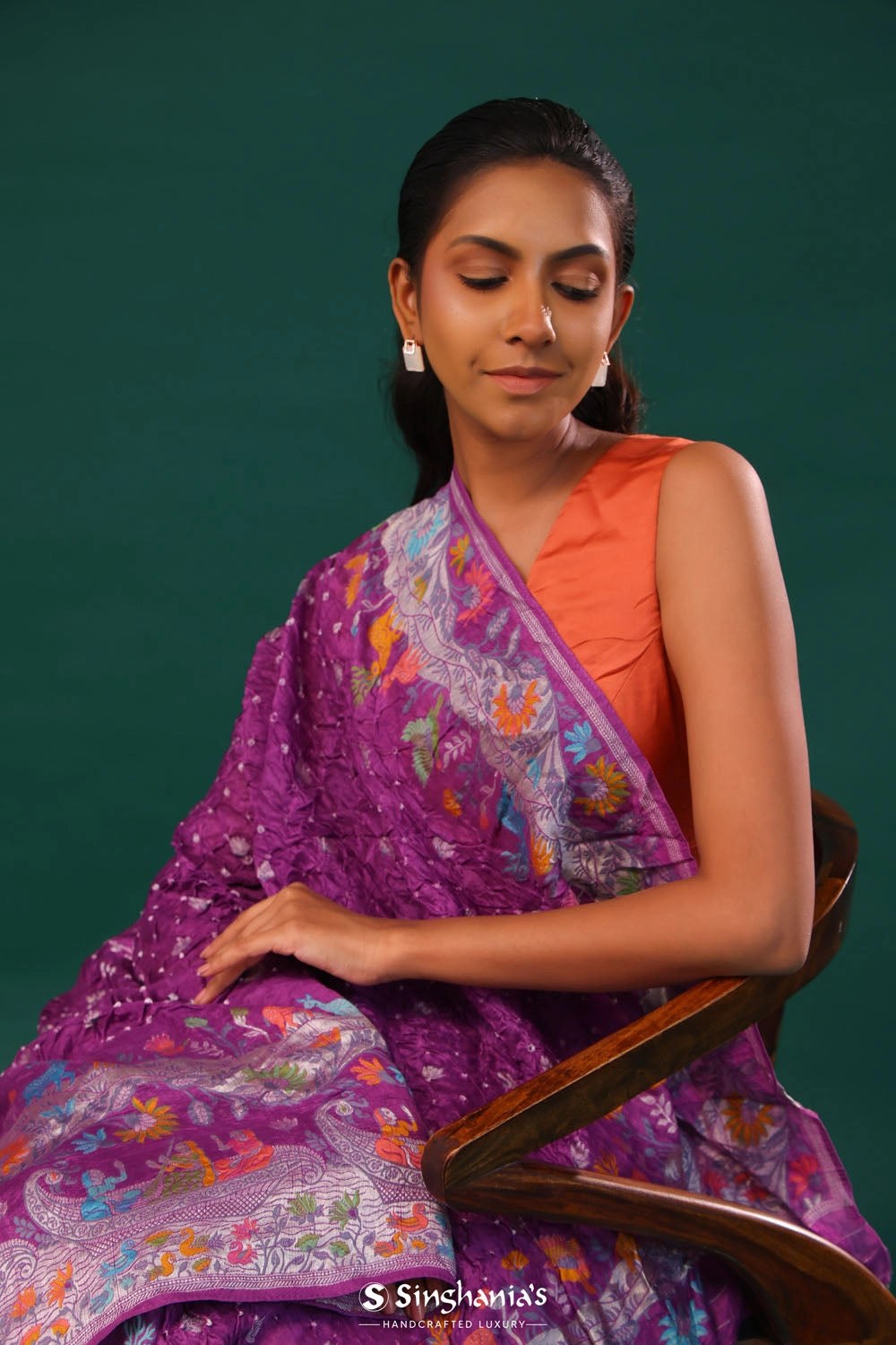 Traditional Purple Butti Bandhani Silk Saree