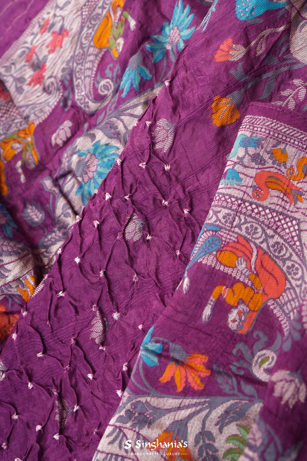 Traditional Purple Butti Bandhani Silk Saree