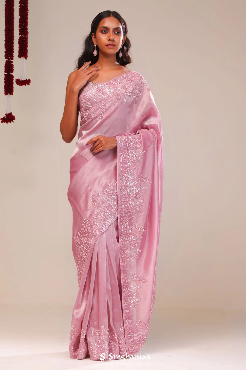 Valentine Pink Tissue Handcrafted Saree