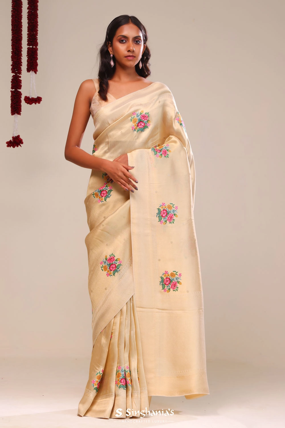 Vanilla Gold Tissue Embroidery Saree