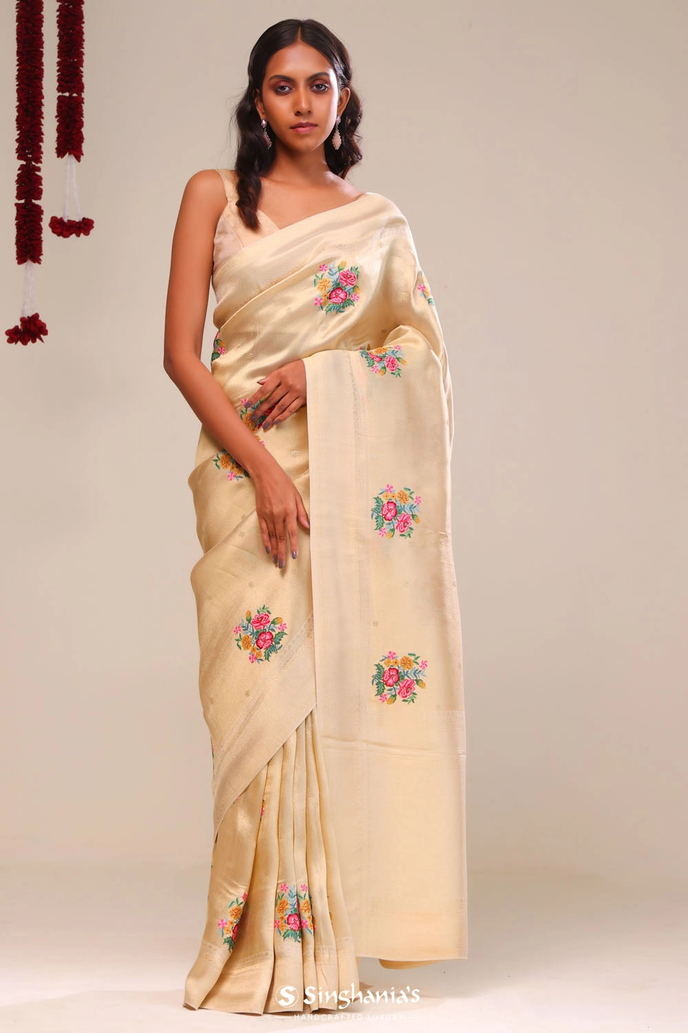 Vanilla Gold Tissue Embroidery Saree