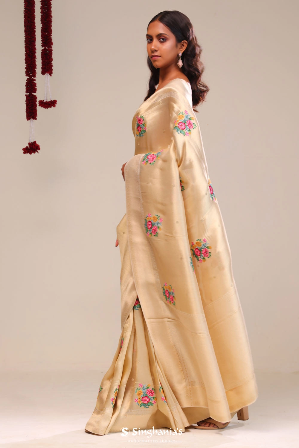 Vanilla Gold Tissue Embroidery Saree