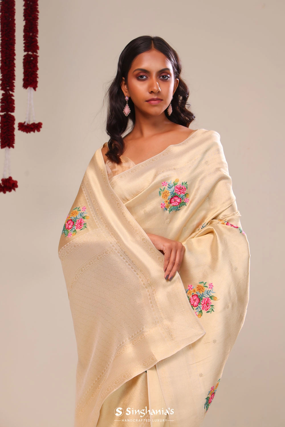 Vanilla Gold Tissue Embroidery Saree
