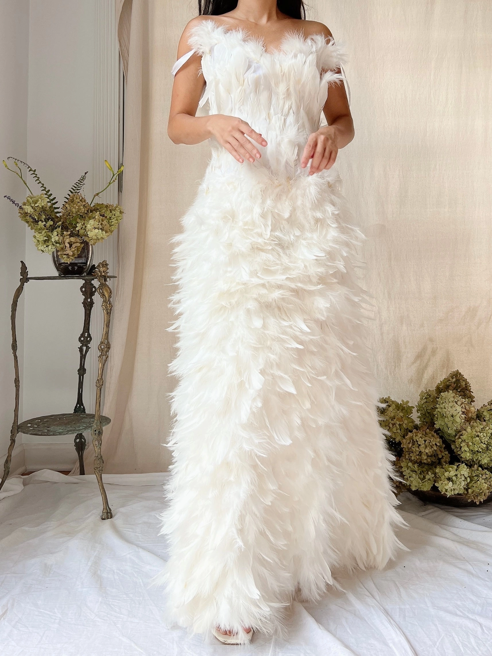 Vintage Ivory Feather Gown - M