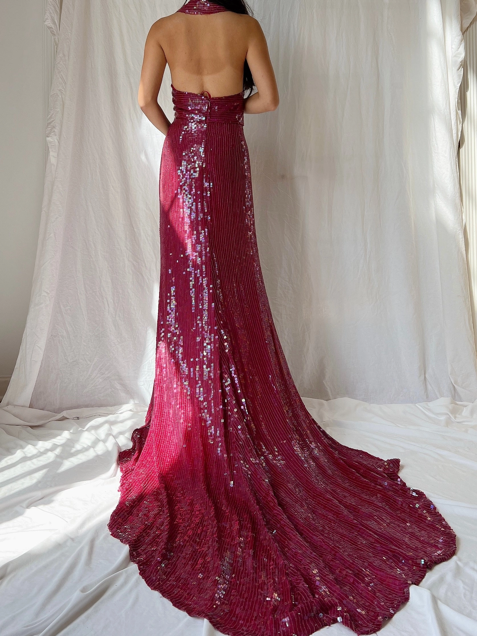 Vintage Ruby Silk Sequins Gown - L/US 12