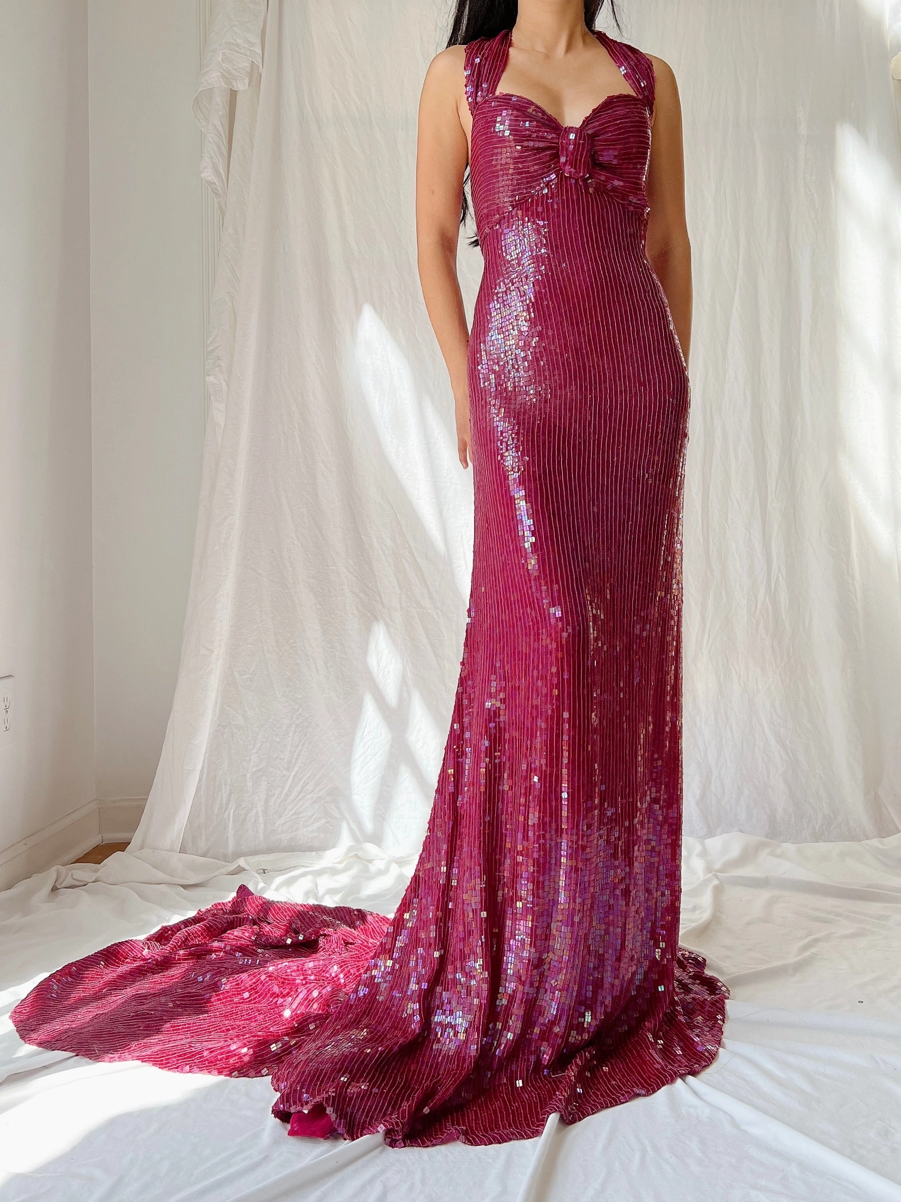 Vintage Ruby Silk Sequins Gown - L/US 12