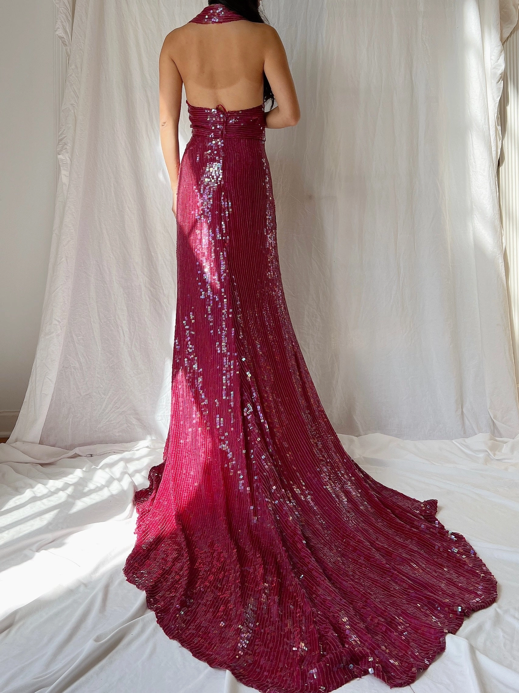 Vintage Ruby Silk Sequins Gown - L/US 12
