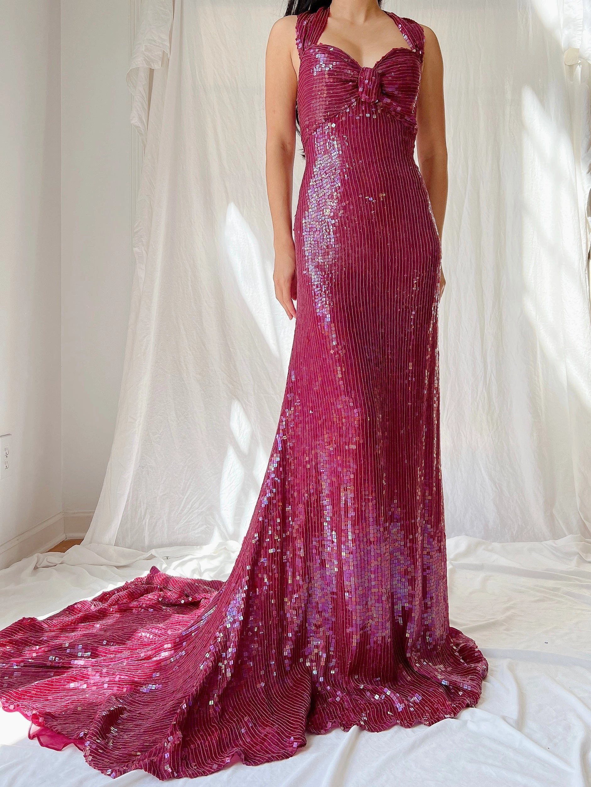 Vintage Ruby Silk Sequins Gown - L/US 12