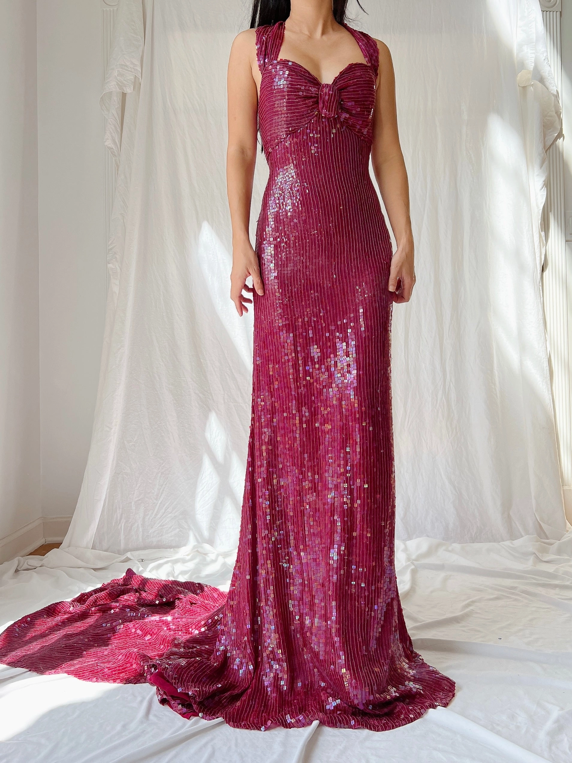 Vintage Ruby Silk Sequins Gown - L/US 12