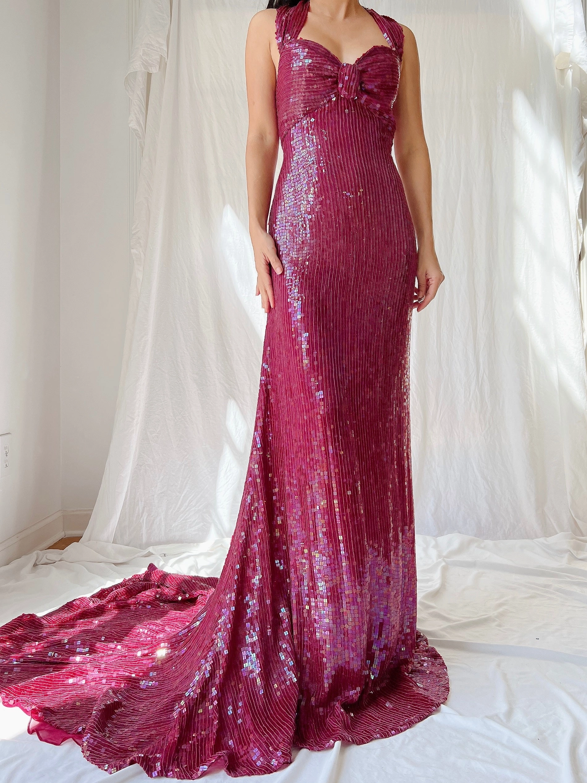 Vintage Ruby Silk Sequins Gown - L/US 12