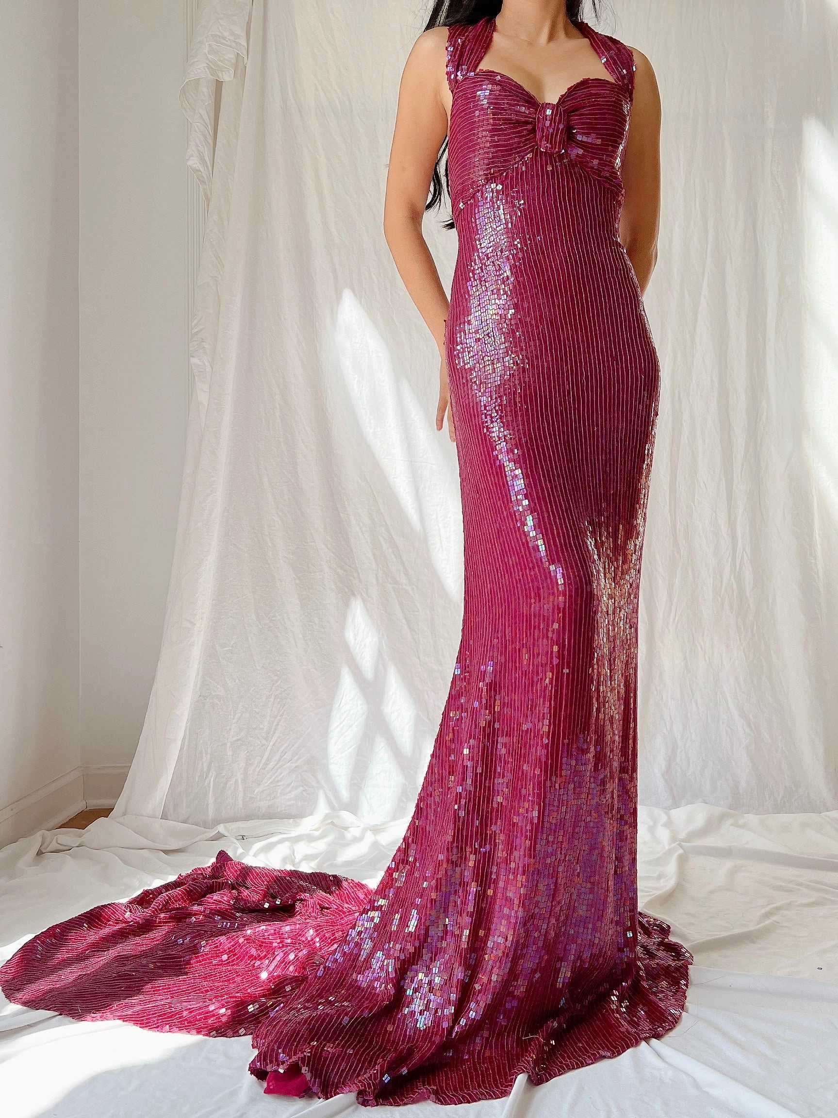 Vintage Ruby Silk Sequins Gown - L/US 12