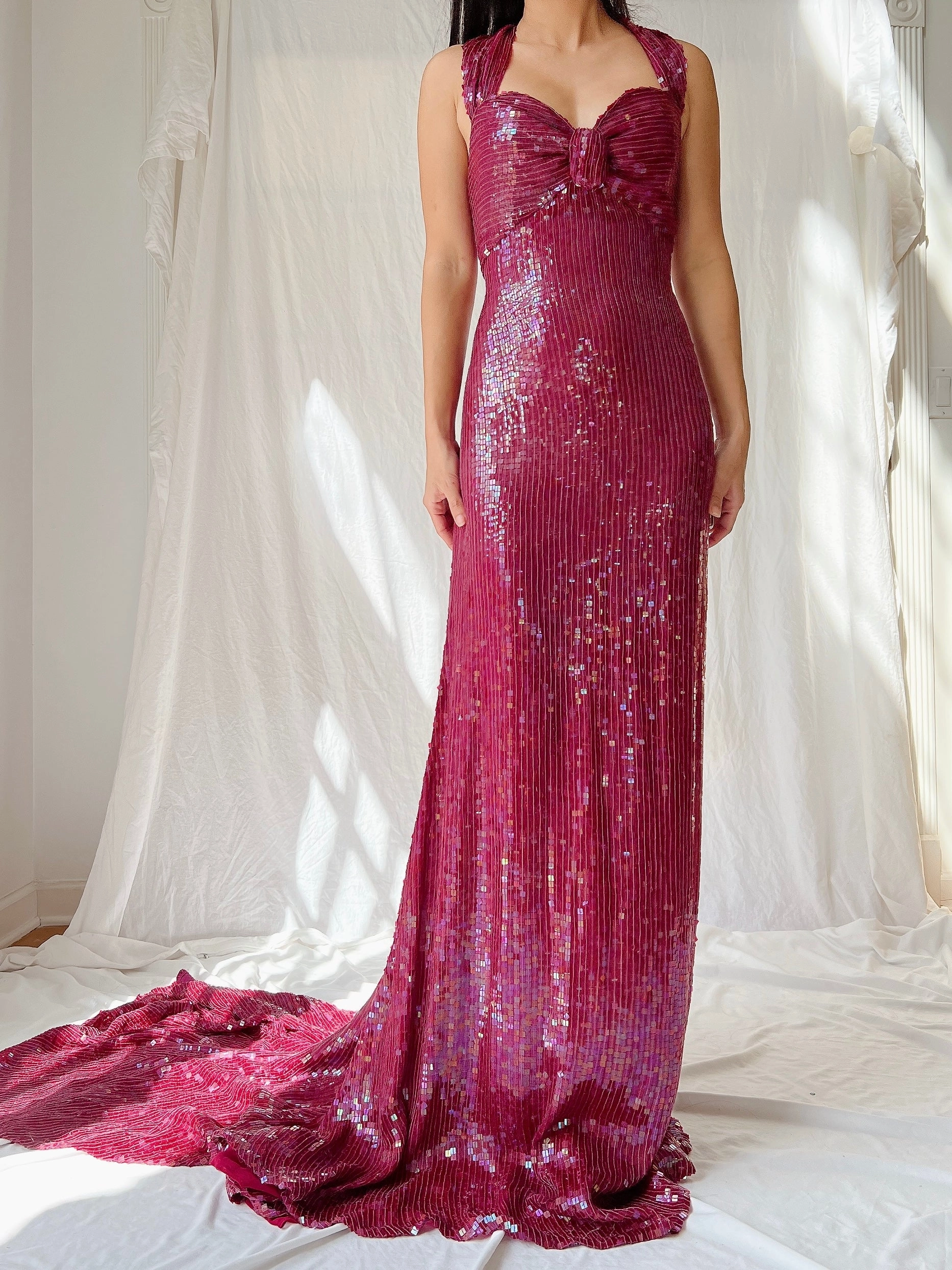 Vintage Ruby Silk Sequins Gown - L/US 12