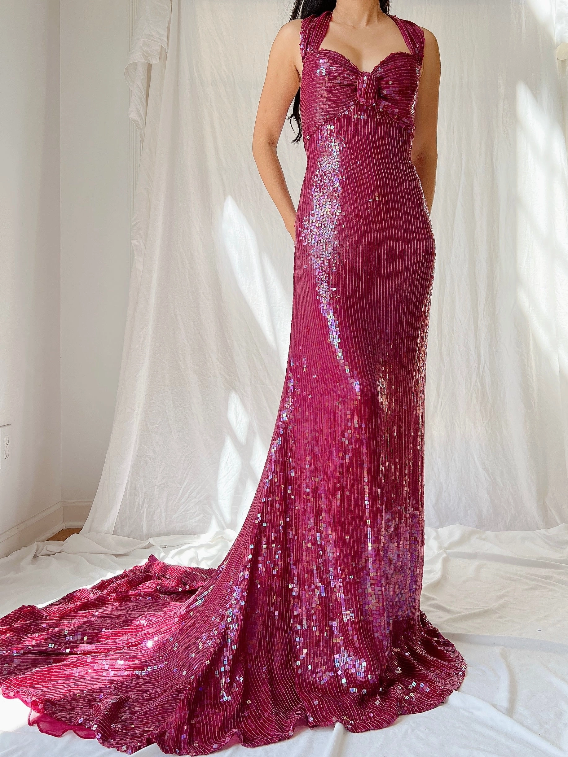 Vintage Ruby Silk Sequins Gown - L/US 12