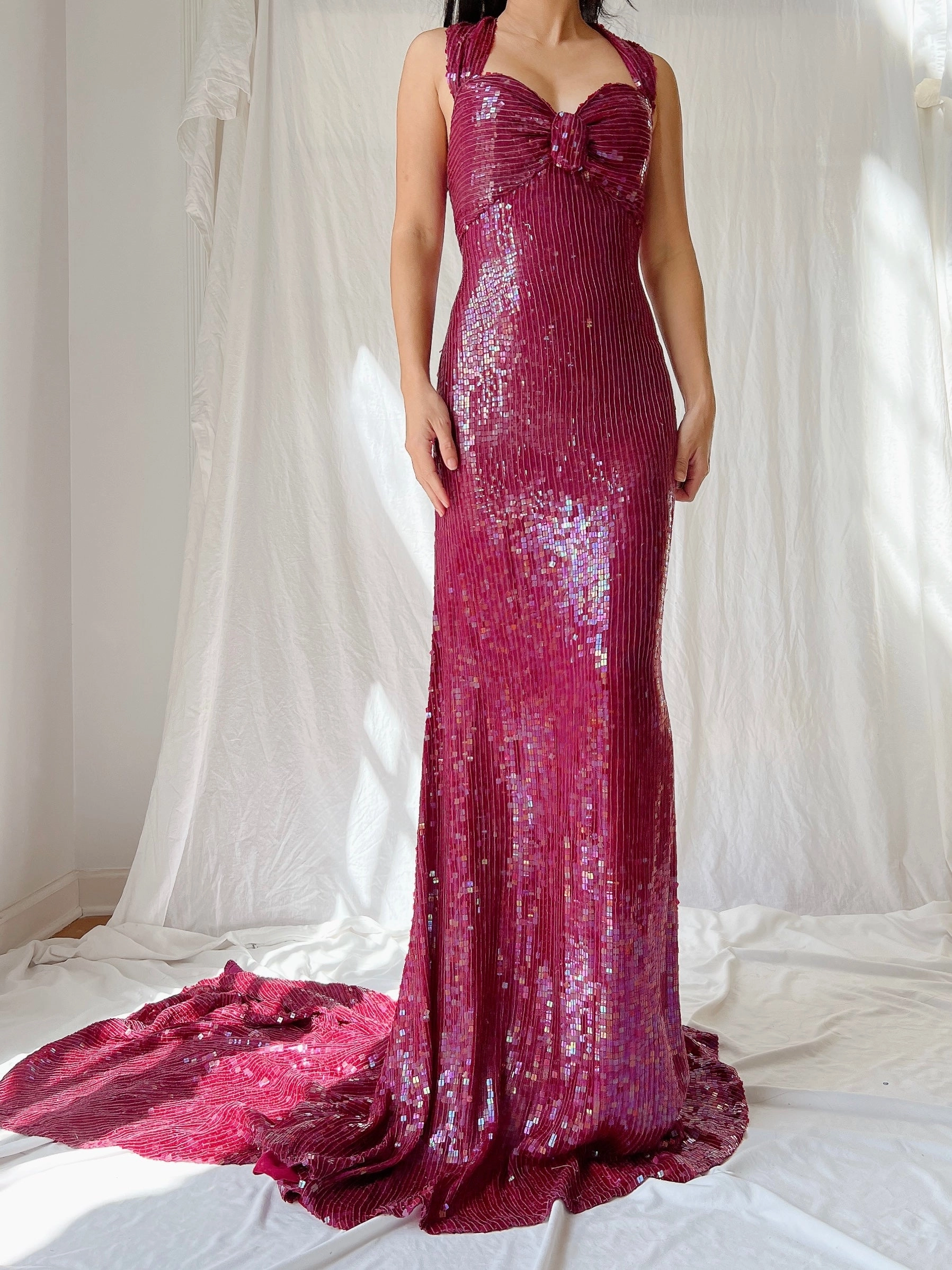Vintage Ruby Silk Sequins Gown - L/US 12