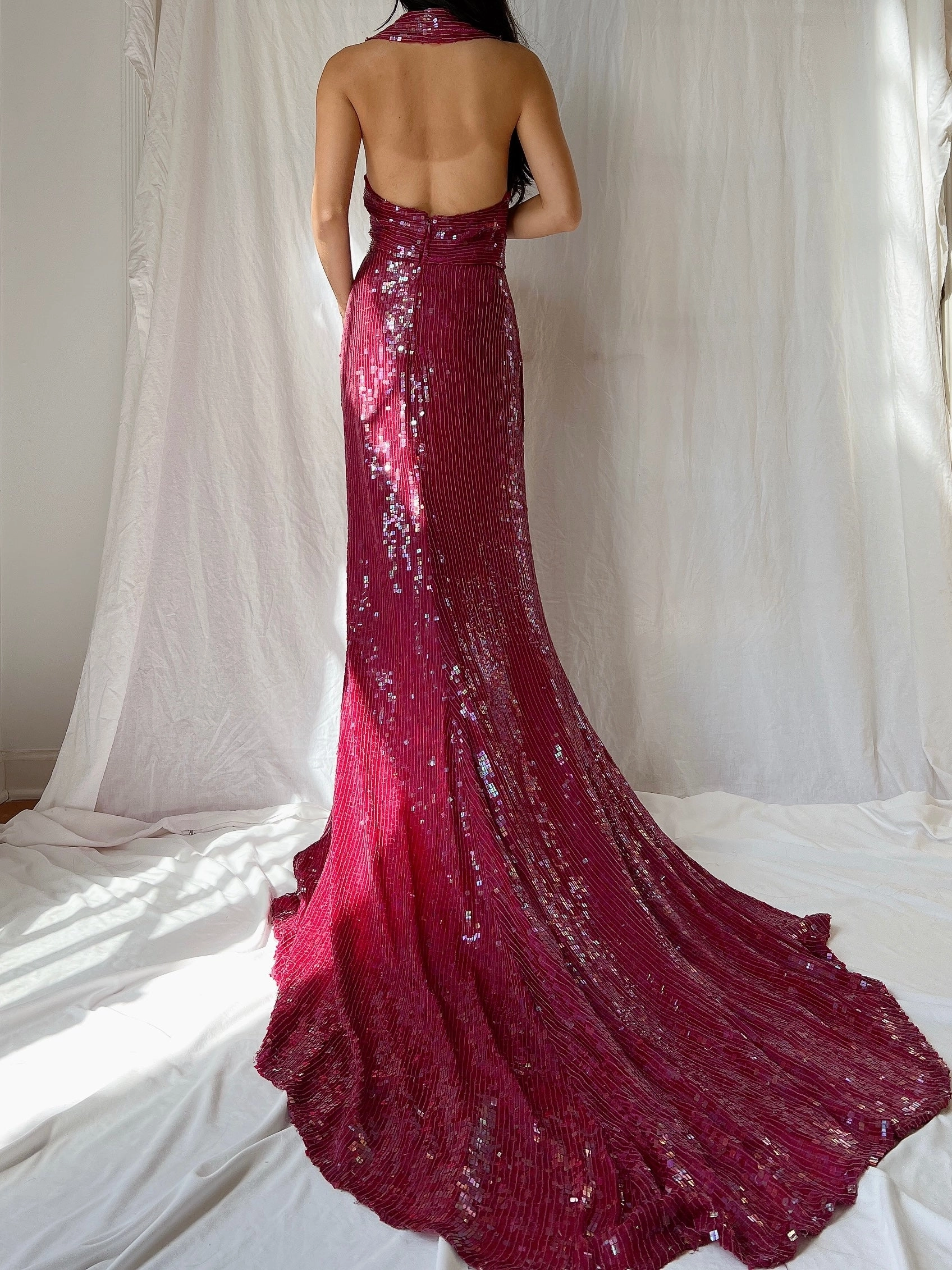 Vintage Ruby Silk Sequins Gown - L/US 12