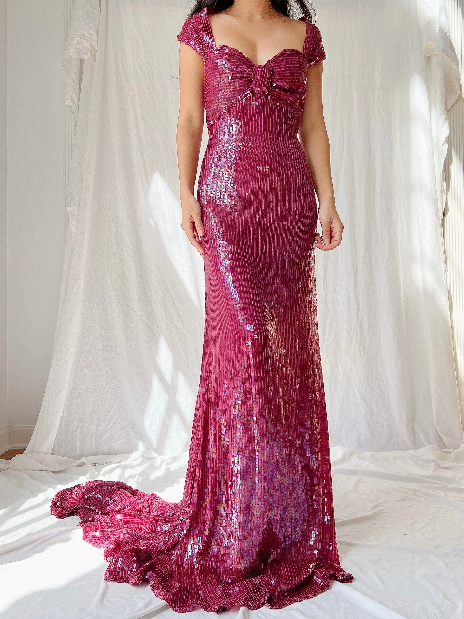 Vintage Ruby Silk Sequins Gown - L/US 12