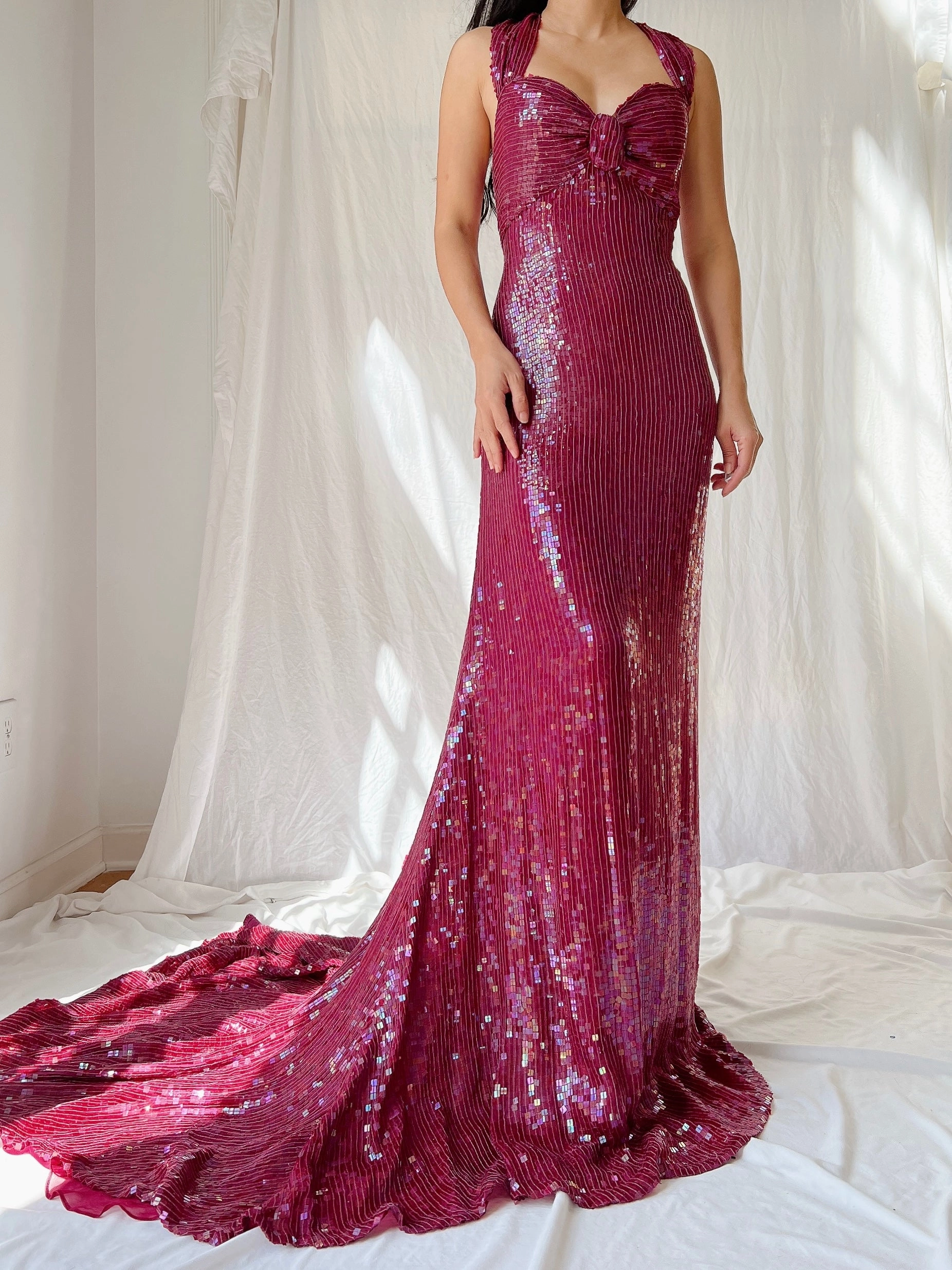 Vintage Ruby Silk Sequins Gown - L/US 12